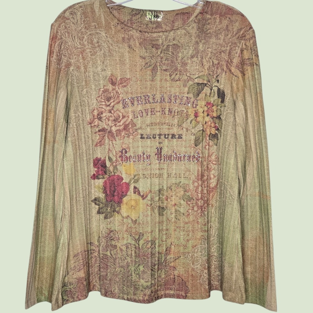 Vtg Y2K 180 Degrees Floral Ribbed Top Rhinestone Graphic Tee Fairycore L Earthy